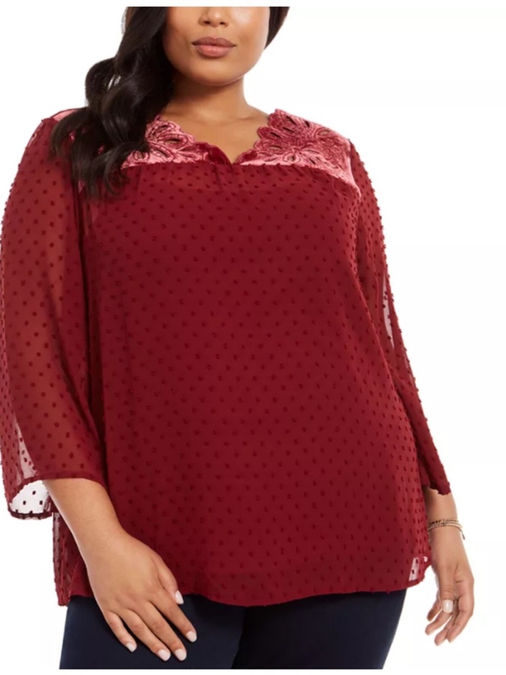 Style&Co Women's Maroon Eyelet/Textured Sheer Scalloped Blouse Plus Size 3X